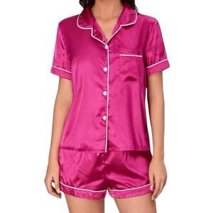 Unbranded Fuchsia Pink Button Down Pull On Shorts Satin Pajamas PJ Set XL